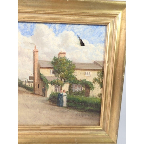 1373 - Jos Kelly - oil on canvas street scene with Inn, 29 x 39cm