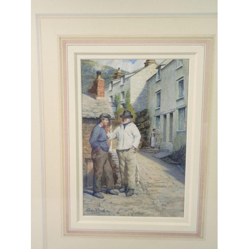 1374 - Charles F Morton - watercolour cobbled street scenes with two men talking, 15 x 9.5cm