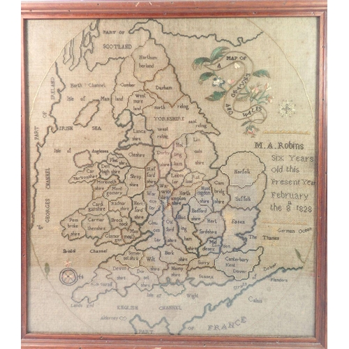 1387 - An early 19th century embroidered sampler map of England, dated 1828, 44 x 48cm