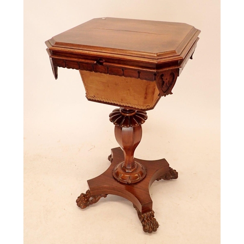 1393 - A 19th century rosewood sewing table with square top enclosing well, all on carved column and platfo... 