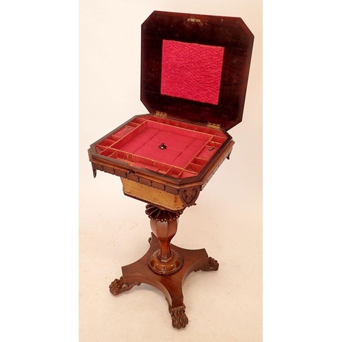 1393 - A 19th century rosewood sewing table with square top enclosing well, all on carved column and platfo... 