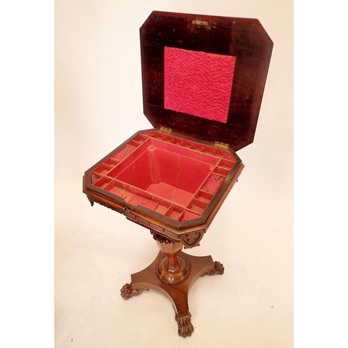 1393 - A 19th century rosewood sewing table with square top enclosing well, all on carved column and platfo... 