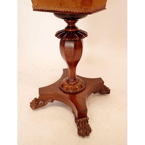 1393 - A 19th century rosewood sewing table with square top enclosing well, all on carved column and platfo... 