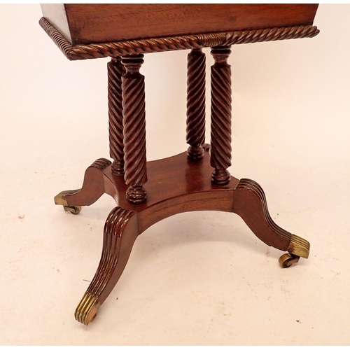 1394 - A 19th century mahogany decanter box on stand with concave moulded rise top all raised on four turne... 