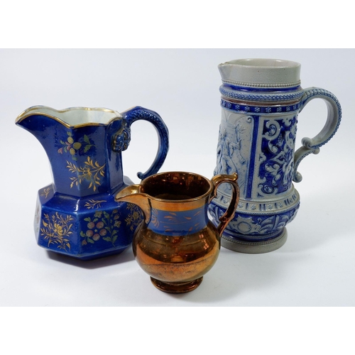 150 - A Victorian ironstone jug, 19cm, a copper lustre jug and a Mettlach jug a/f