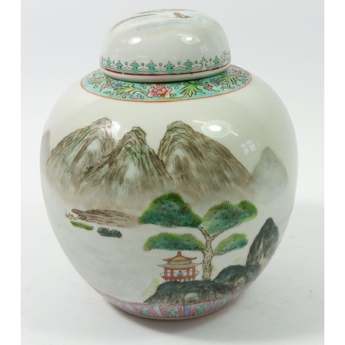 158 - A Chinese 20th century ginger jar and lid painted landscape, 20cm