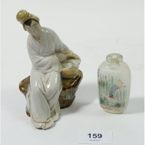 159 - A Japanese painted glass snuff bottle, signed and a Japanese pottery figure of a woman, 12cm