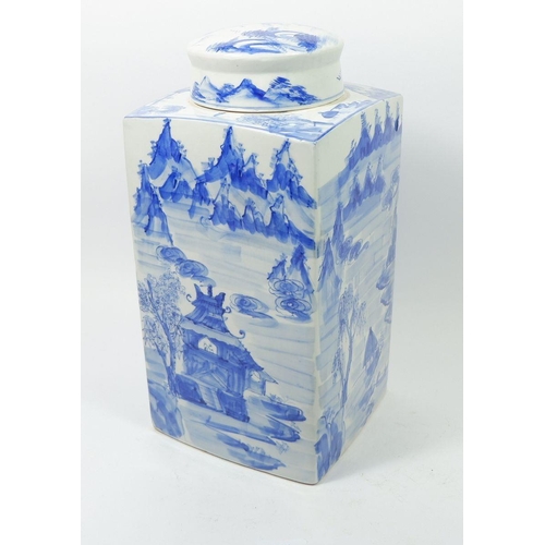 160 - A large Chinese blue and white tea caddy painted landscapes, 37cm