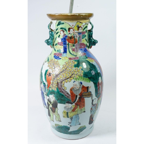 161B - A Chinese mid to late Qing famille rose vase painted Baxian Guohai scene, converted to a table lamp,... 