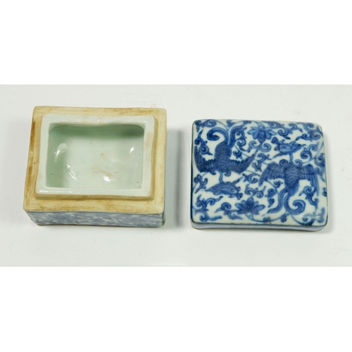 165 - A Chinese blue and white Ming style rectangular small box with all over floral and phoenix decoratio... 