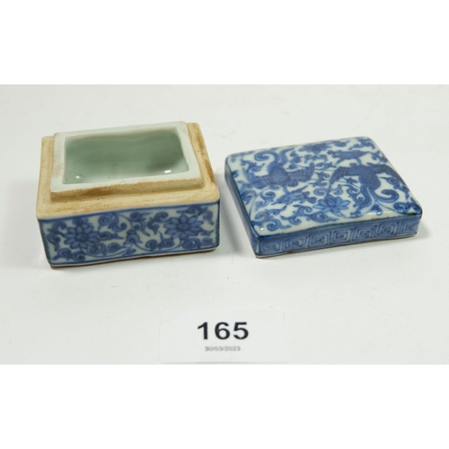 165 - A Chinese blue and white Ming style rectangular small box with all over floral and phoenix decoratio... 