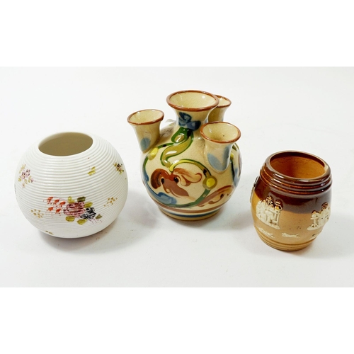 171 - A Doulton stoneware match holder, a German ribbed candle holder & posy vase, 9cm tallest