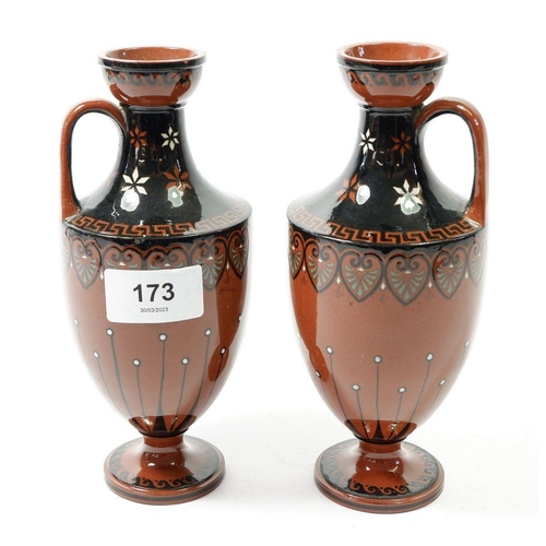 173 - A pair of Watcombe Ware Etruscan style ewers, 18cm