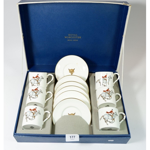 177 - A Royal Worcester set of six coffee cups and saucers printed huntsman, hounds and fox, boxed