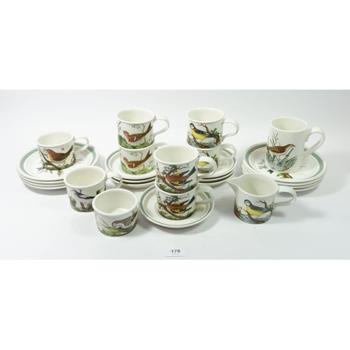 178 - A set of eight Portmerion Birds cups and seven saucers, sugar, milk jug and eight tea plates