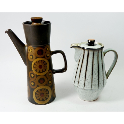 184 - A Denby blue glaze stripe coffee set comprising: coffee pot (a/f), six cups, covered sugar, sugar, t... 