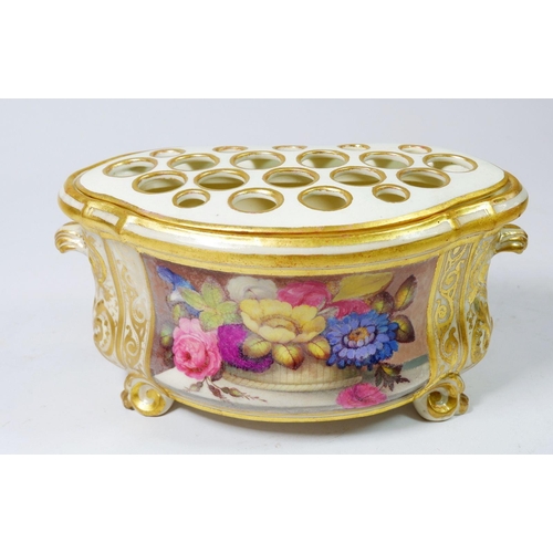 197 - An early 19th century Derby bough pot and cover painted reserve of garden flowers in gilt scrollwork... 