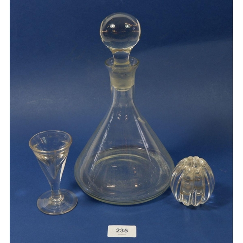 235 - A glass decanter, 28cm, a small glass and a candlestick