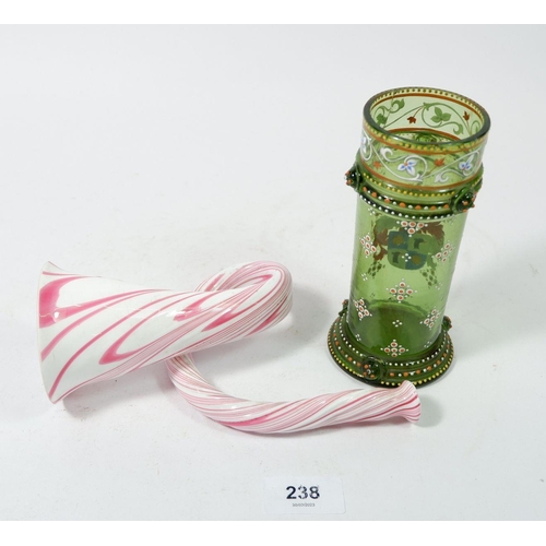 238 - A green glass cylindrical vase with heraldic enamelled decoration, 14.5cm, a pink and white glass Fr... 