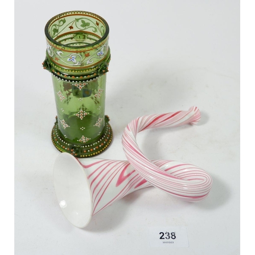 238 - A green glass cylindrical vase with heraldic enamelled decoration, 14.5cm, a pink and white glass Fr... 