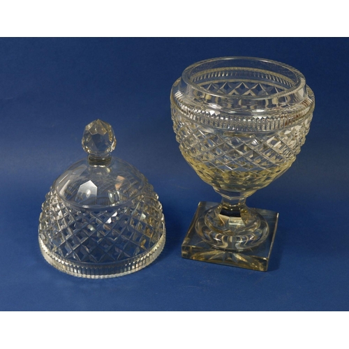 240 - An early 19th century heavy cut glass sweetmeat jar and cover on plinth base, 40cm