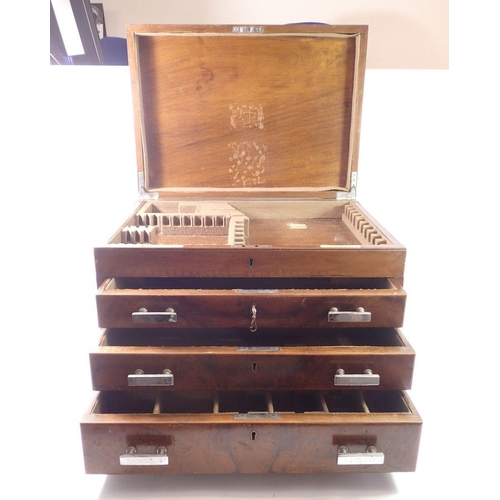 291 - An Art Deco walnut cutlery box with three drawers, 51cm wide