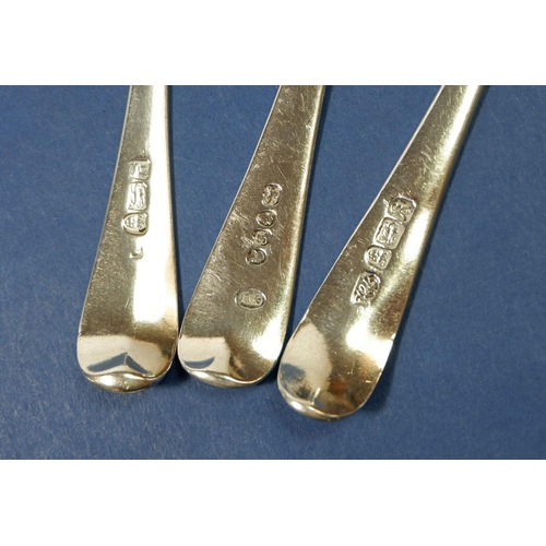 413 - Three Georgian silver tablespoons, one by Hester Bateman, London 1782, one George Wintle, London 180... 