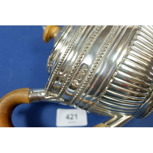 421 - A Victorian silver half reeded and beaded teapot with fruitwood finial and handle, 543g, London 1890... 