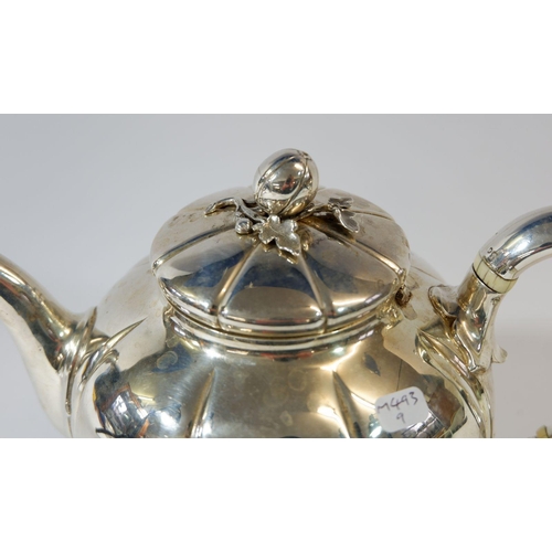 424 - A Victorian silver melon form teapot with pomegranate finial, 548g, London 1867 by Edward, John & Wi... 