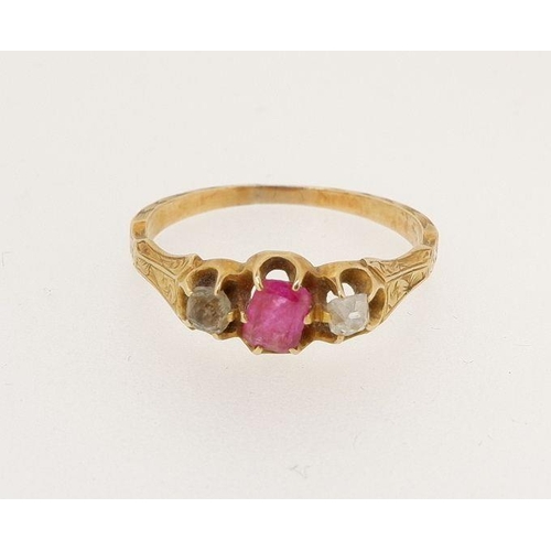 452 - A Victorian gold ring set ruby flanked by two old cut diamonds, size N, 2.3g