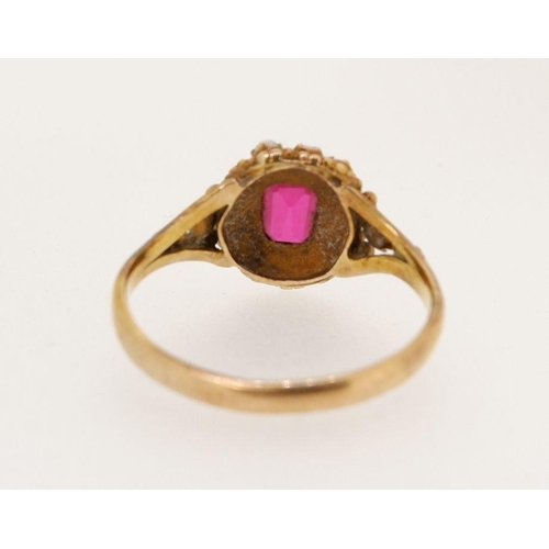 455 - A Victorian 15 carat gold ruby and pearl cluster ring, size M/N, cluster 1cm diameter, 2.5g