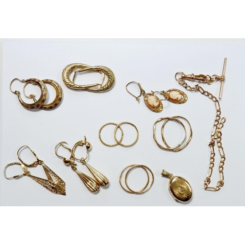 472 - Eight pairs of 9 carat gold earrings, a small gold locket and small gold fob chain, 14g