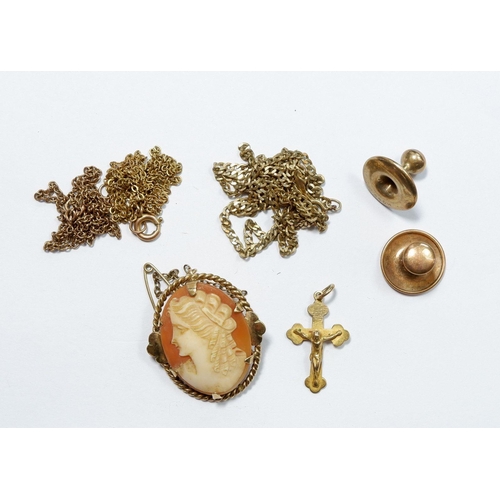 474 - A pair of 9 carat gold studs and three broken 9 carat gold chains 9g a 9 carat gold crucifix, 0.8g a... 