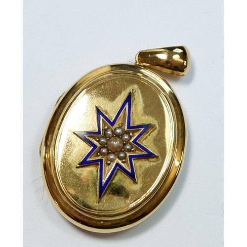 511 - A Victorian gold oval locket inset enamel star and seed pearls, 14.3g, locket 3.5cm x  3cm unmarked ... 