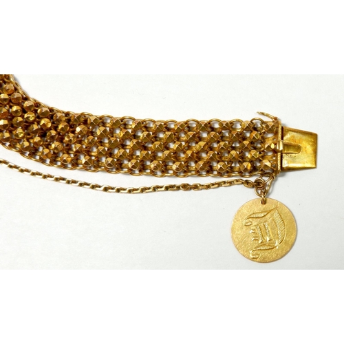 522 - An antique 14 carat gold articulated point cut bracelet with monogram fob and safety clasp, 36.2g