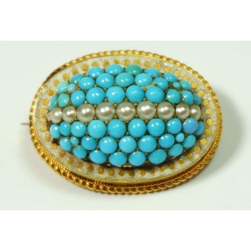 536 - A Victorian yellow metal oval domed brooch set turquoise and seed pearls, 2.5cm wide, boxed