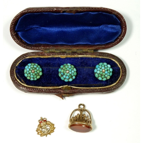 537 - Three Victorian turquoise and yellow metal studs and a yellow metal seal plus a 9 carat gold miniatu... 