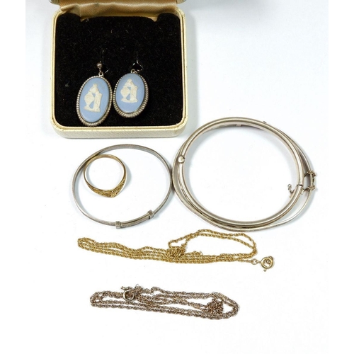 541 - Three silver christening bracelets, 19g, two silver chains, silver gilt ring and Wedgwood and silver... 