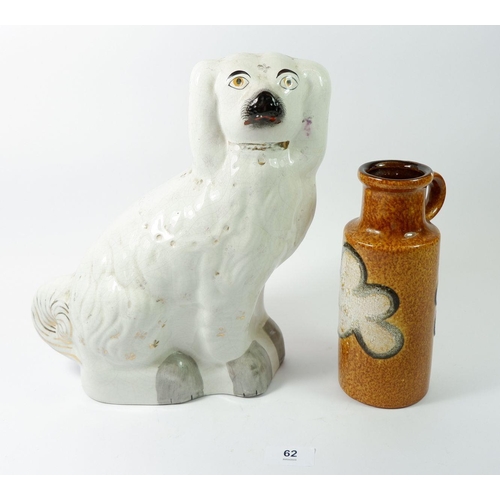 62 - A Victorian large Staffordshire spaniel, 29cm and a Scheurich German pottery vase