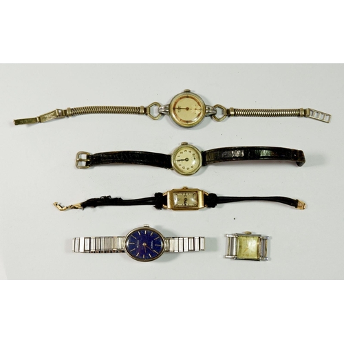 671 - A Bulova ladies oval navy blue faced vintage watch and four other ladies watches