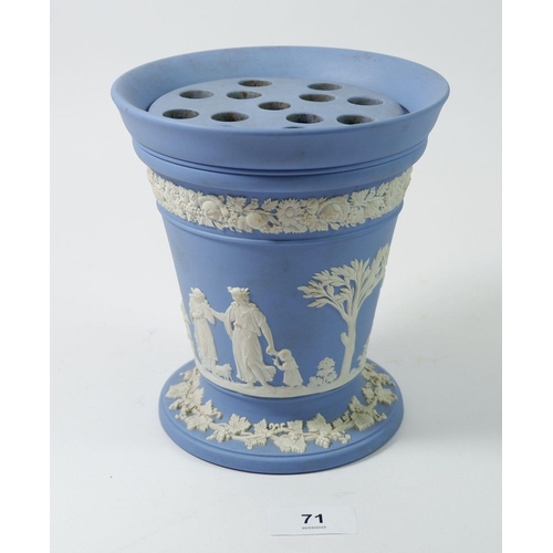 71 - A Wedgwood blue Jasperware flower vase with frog, 17cm