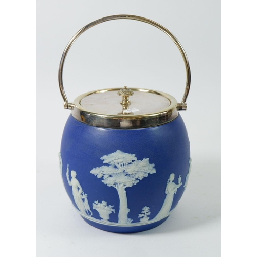 73 - A Wedgwood blue Jasperware biscuit barrel with silver plated mounts