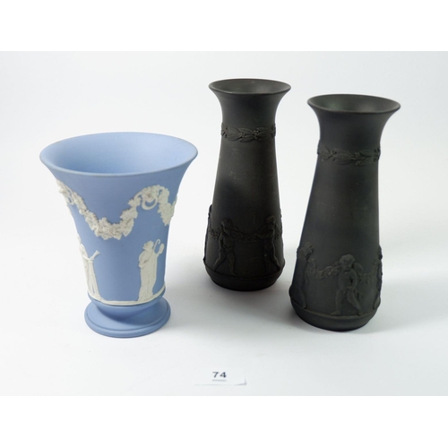 74 - A pair of Wedgwood black Basalt vases, 19cm and a blue Jasperware vase