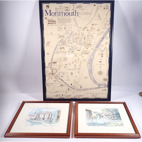 766 - Phillip Allcock - two coloured prints of Monmouth and a Kingsford Publications map of Monmouth, 43 x... 