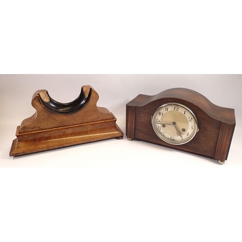 772 - A German 1930's oak cased mantel clock, 33cm wide and A Victorian walnut plinth form barometer stand... 