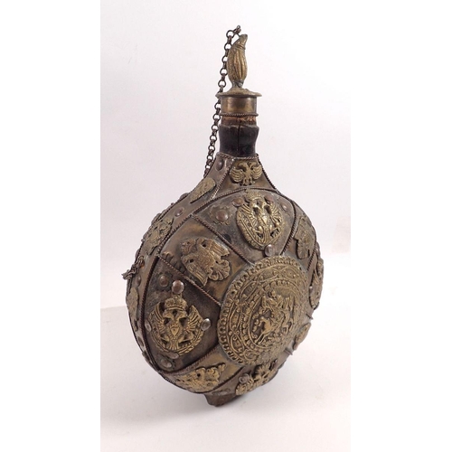 783 - An antique continental brass mounted wooden pilgrims flask, 29cm