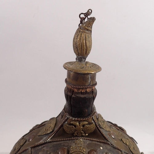 783 - An antique continental brass mounted wooden pilgrims flask, 29cm