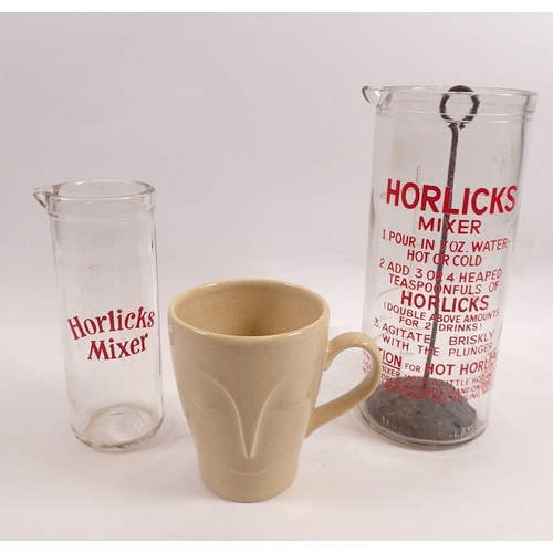 787 - A Horlicks advertising mixer glass and measure plus a Sweet Dreams Bournvita mug