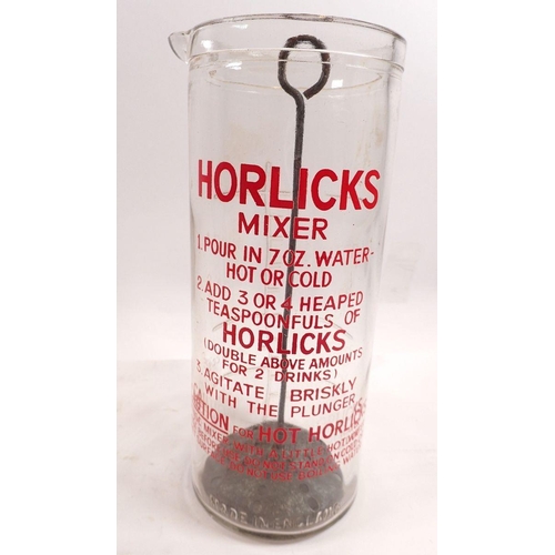 787 - A Horlicks advertising mixer glass and measure plus a Sweet Dreams Bournvita mug