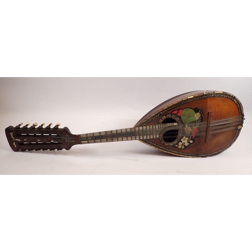 795 - A 19th century twelve string mandolin with a mother of pearl and abalone fingerboard, fluted rosewoo... 